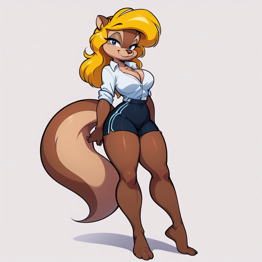 score_9, score_8_up, score_7_up, score_6_up, score_5_up, score_4_up, (Source furry),  1girl, solo, breasts, looking at viewer, smile, blue eyes, simple background, shirt, white background, animal ears, cleavage, medium breasts, closed mouth, standing, holding a Eraser, erasing herself, body almost disappearing by the eraser, tail, full thick body, barefoot, furry, cyberworld environment,  black swimming shorts, has thick thighs, white shirt, animal nose, snout, amy squirrel , blonde hair, long hair, two tone fur, brown fur, furry female, body fur 