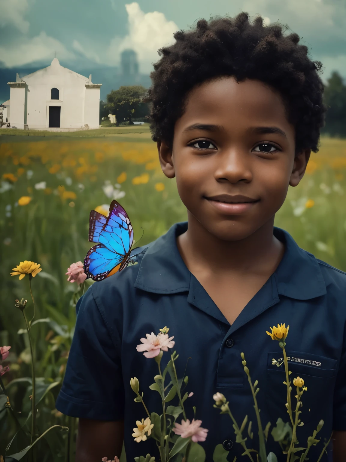 a 10-year-old black boy looking at the camera and smiling, with a butterfly on his shoulder and a church behind himscreen incomparable, complex double exposure art by Alex Stoddard, Natalia Drepina and Brooke Shaden surreal postcard on cracked paper, extremely dynamic, unusual, vintage