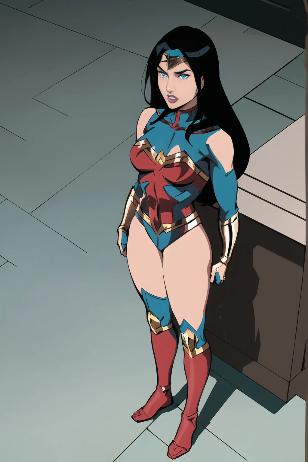 ((Full body photo, standing, feet on the ground)) wonder woman, 1girl, female focus, solo, black hair, blue eyes, superhero, gloves, makeup, lipstick, bodysuit, breasts, medium breasts, leotard, monitor, ((work of art))