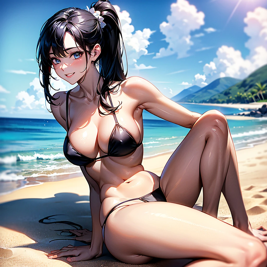 (masterpiece、Highest quality、High resolution、Highest quality、Realistic depiction)Created by Girl(whole body)、Black hair ponytail、Beautiful Eyes、White Bikini、Emphasizing body lines、Sexy pose、From the back、Big Breasts、Chest、Sticking out your ass、valley、smile、Beach、