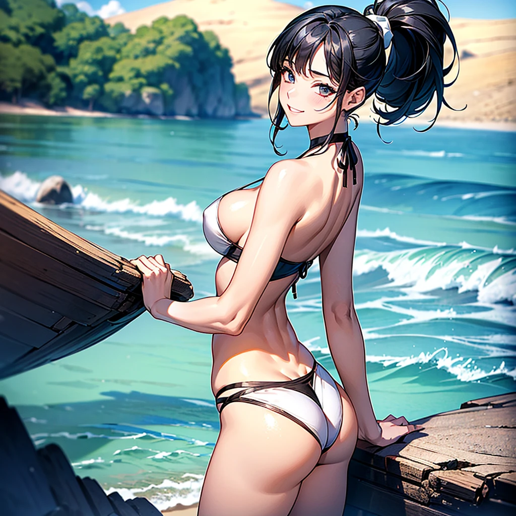 (masterpiece、Highest quality、High resolution、Highest quality、Realistic depiction)Created by Girl(whole body)、Black hair ponytail、Beautiful Eyes、White Bikini、Emphasizing body lines、Sexy pose、From the back、Big Breasts、Chest、Sticking out your ass、valley、smile、Beach、