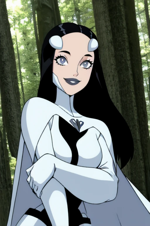 Phantom girl, solo, girl1, long black hair, bodysuit, grey eyes, smile, white hair ornament, grey lips, white cape, best quality, masterpiece, forest 