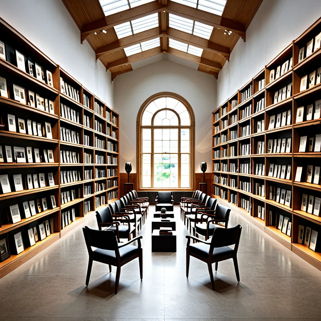 Create a hyper-realistic image of a chair museum with a perspective angle that emphasizes the large space and rows of shelves displaying chairs. The museum should have high ceilings and large windows allowing natural light to stream in. The shelves should be neatly arranged, showcasing a variety of chairs from different eras and styles. Include informational plaques next to the chairs and a few visitors admiring the exhibits. The overall atmosphere should be grand and educational, capturing the beauty and diversity of chair design in a spacious and well-lit environment