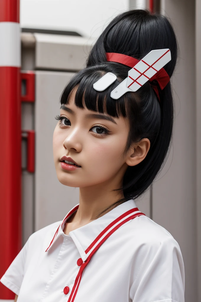 Android girl with red and white clothing plus having black hair and black eyes