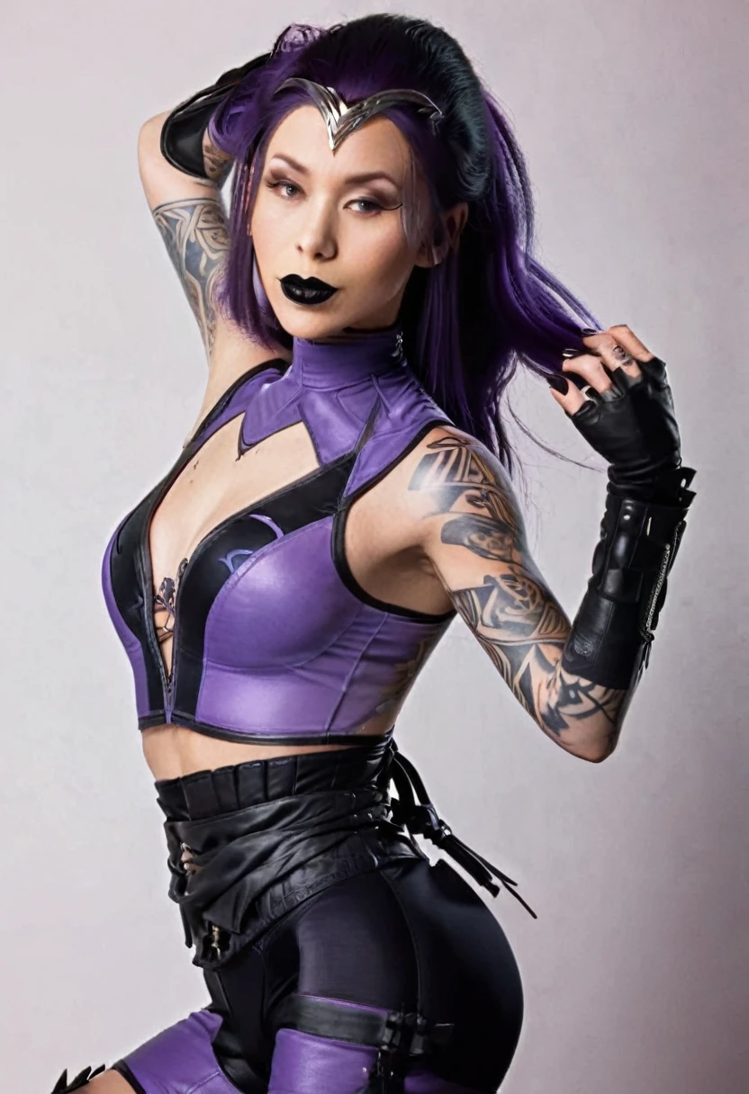 rating_explicit, beautyful woman, gothic, mature woman, black lipstick, tattoos in whole body, slim body, sexy ninja lilac vest, slender body, long hair, lilac vest, lilac sidecut hair, lilac hair, sidecut hair
