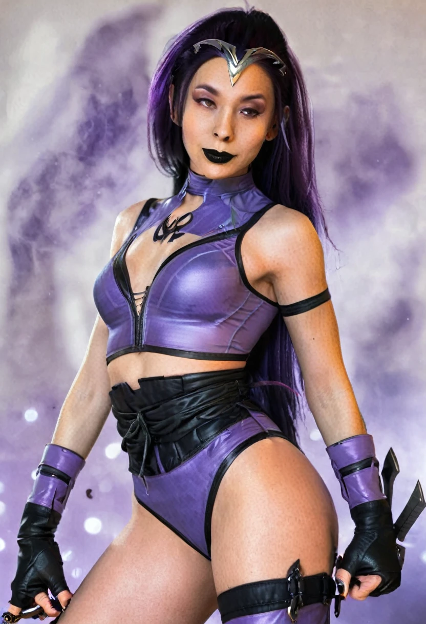 rating_explicit, beautyful woman, gothic, mature woman, black lipstick, tattoos in whole body, slim body, sexy ninja lilac vest, slender body, long hair, lilac vest, lilac sidecut hair, lilac hair, sidecut hair