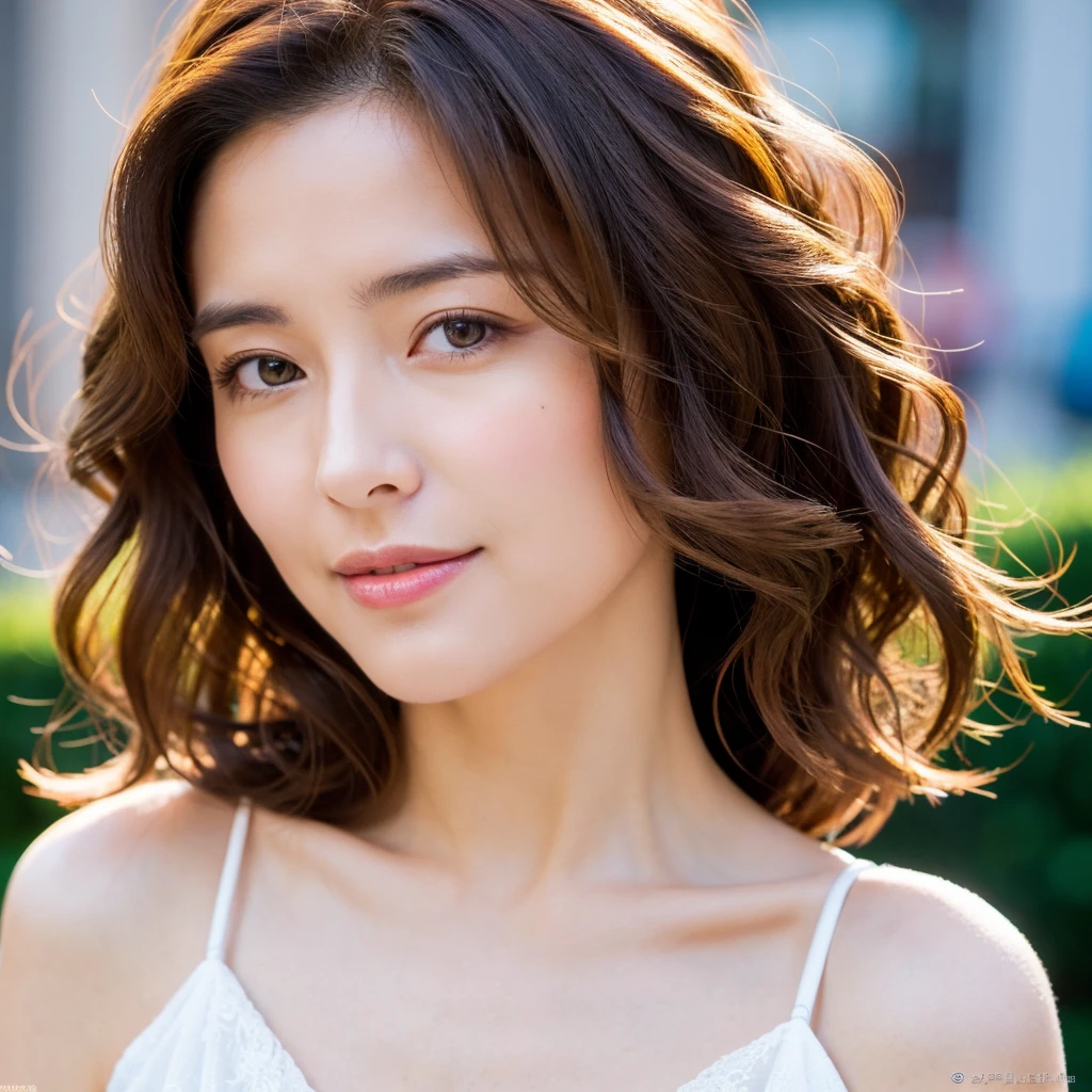 Realistic Japanese middle-aged woman around 55 years old、saggy skin ultra high resolution, masterpiece, highest quality, perfect glowing skin, Perfect lighting, Detailed lighting, A muscular Japanese middle-aged woman, 55 years old、, White tank top, View Camera, Off the shoulder, Brown wavy hair with highlights、Big Breasts, Large exposed cleavage, Black double eyelids, Browsing Caution, ((Dark Background)), Sexy Face, The facial expression when feeling happy,whole body、saggy skin