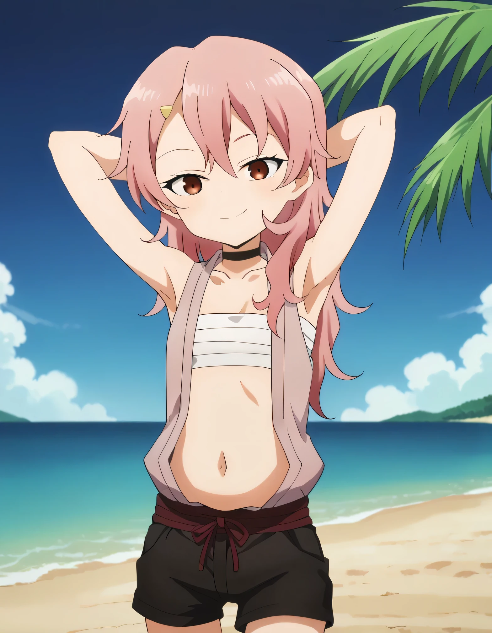 benisumomo, anime coloring ,BREAK source_anime, anime, long hair, hair ornament, red eyes, navel, pink hair, choker, hairclip, flat chest, black choker, sarashi, chest sarashi, black shorts,  high quality, solo, 1girl, night sky, beach, arms behind head, (contrapposto), closed mouth, spread armpits, (cowboy shot:1.5), looking at viewer, best quality, suggestive smile,