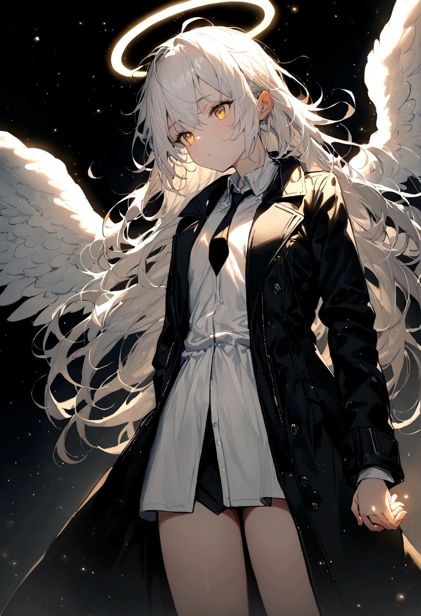 (masterpiece, best quality:1.3), (Extremely detailed:1.3), 1 Girl, Solitary, (White hair, Messy hair, Long hair), (Angel Wings, Angel Halo), flat chest, Yellow eyes, (White shirt, Black tie, Black coat, Open coat), Cowboy shooting, light, (((Glowing light particles))), (Put your hands behind your back), Dynamic Angle,