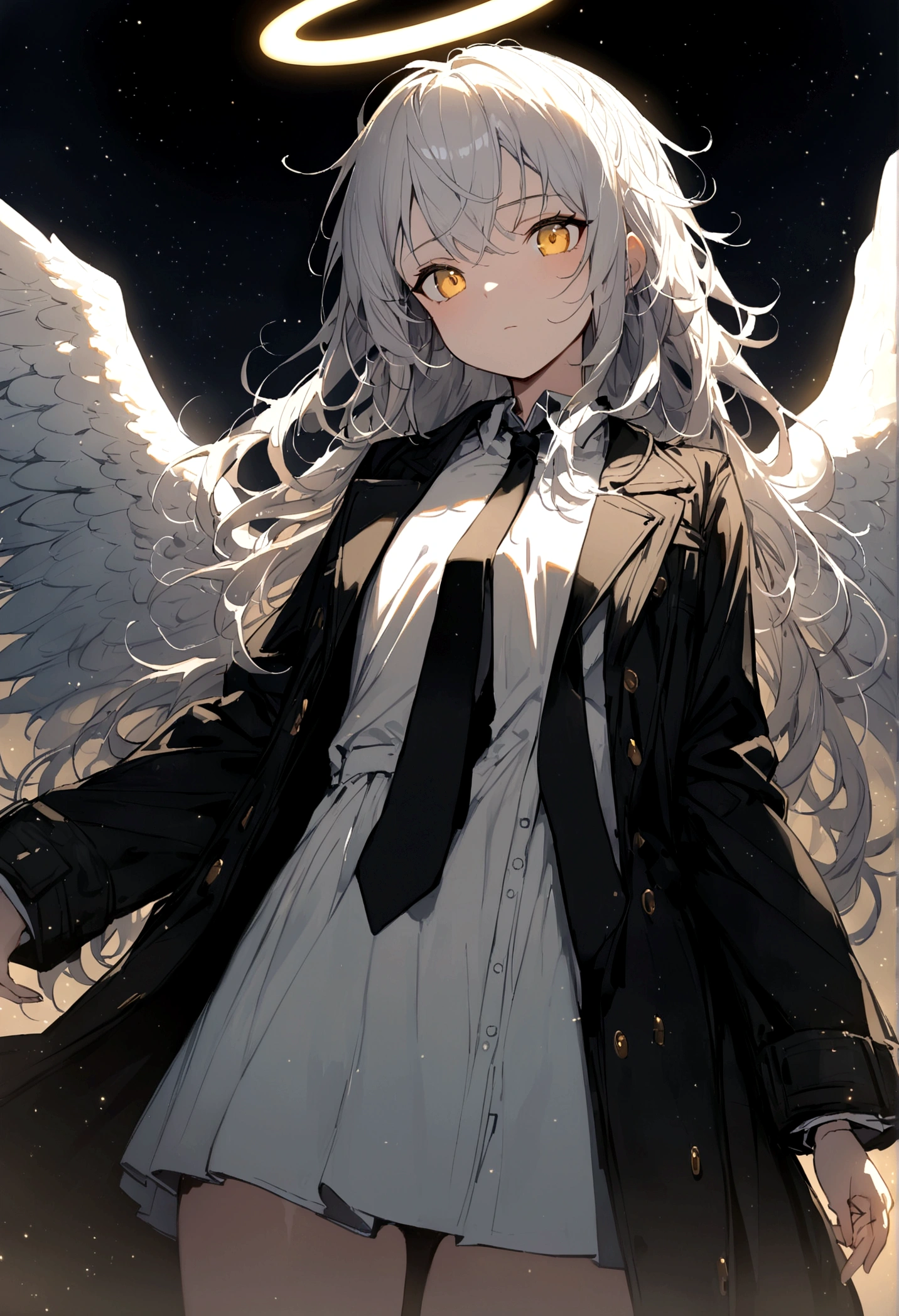 (masterpiece, best quality:1.3), (Extremely detailed:1.3), 1 Girl, Solitary, (White hair, Messy hair, Long hair), (Angel Wings, Angel Halo), flat chest, Yellow eyes, (White shirt, Black tie, Black coat, Open coat), Cowboy shooting, light, (((Glowing light particles))), (Put your hands behind your back), Dynamic Angle,