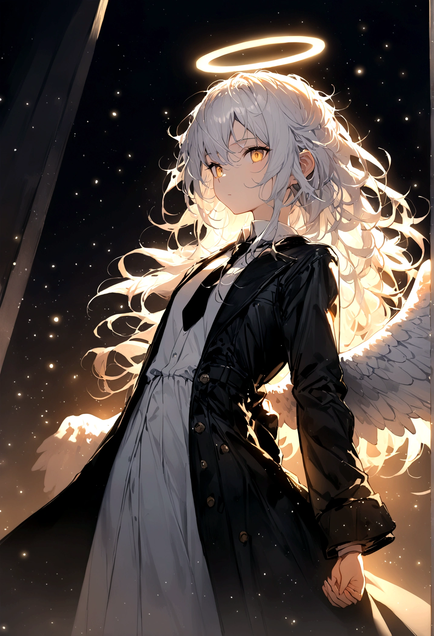 (masterpiece, best quality:1.3), (Extremely detailed:1.3), 1 Girl, Solitary, (White hair, Messy hair, Long hair), (Angel Wings, Angel Halo), flat chest, Yellow eyes, (White shirt, Black tie, Black coat, ), Cowboy shooting, light, (((Glowing light particles))), (Put your hands behind your back), Dynamic Angle,
