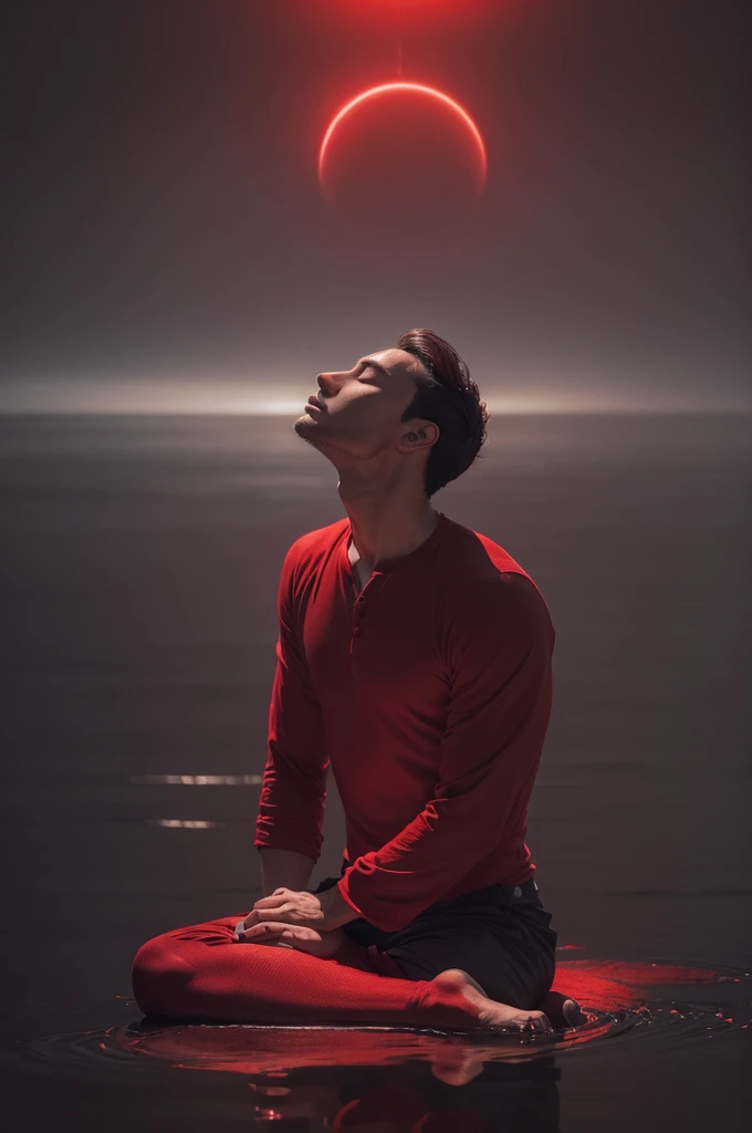 a man meditating, expanding consciousness, reflecting, Dark red and gray tones