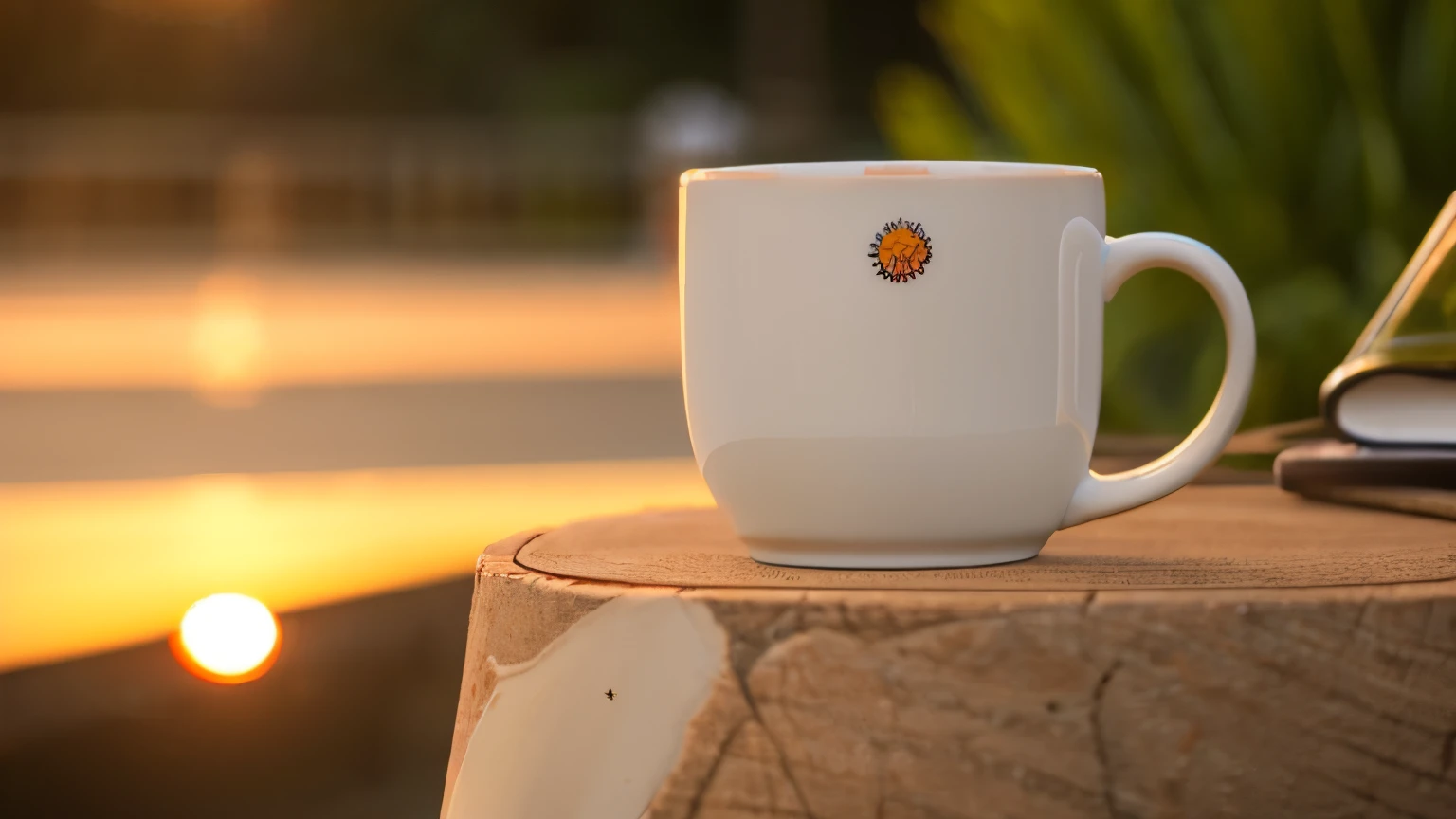Using a mug as a subject Cafe terrace where the setting sun shines