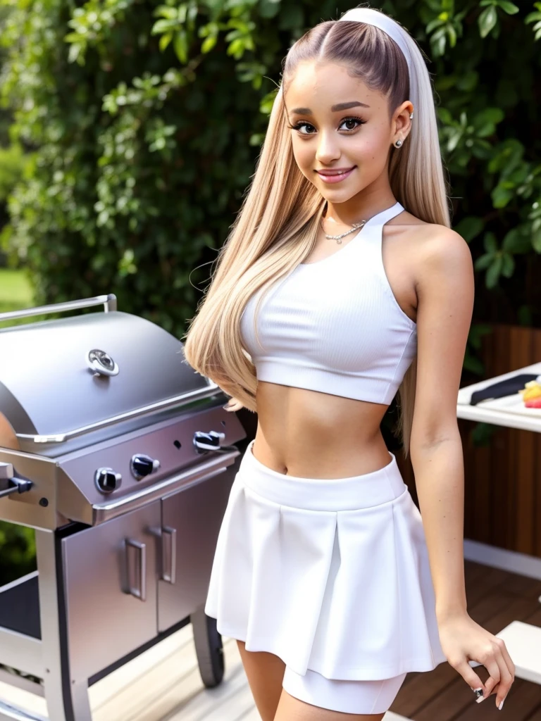 Ariana grande, beautiful, smiling, white crop top, white short skirt, outdoor BBQ