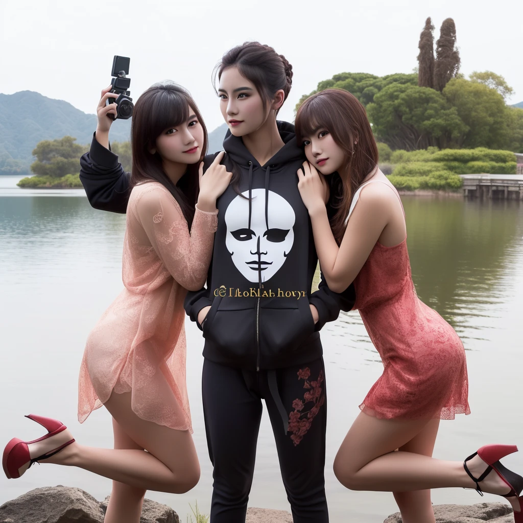 A beautiful detailed portrait of three Asian models posing in bikini g-strings with a serene lake in the background, extremely detailed faces and expressions, cinematic lighting, stunning colors, professional high-quality photography, photorealistic, masterpiece