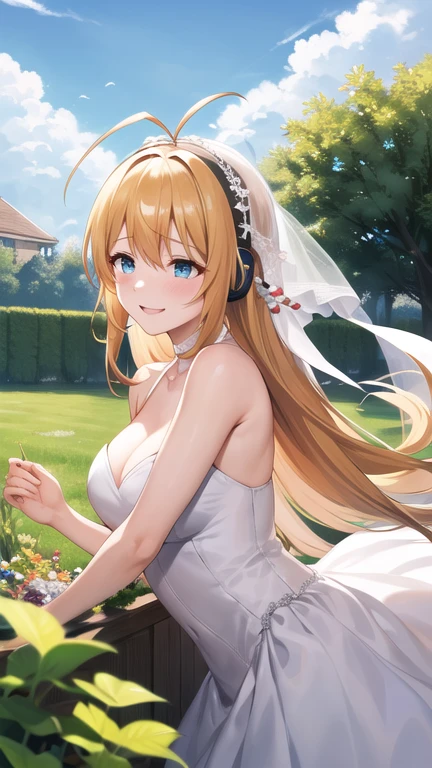 masterpiece, best quality, highres, aamaki, long hair, antenna hair, hair beads, headphones, wedding dress, white dress, garden, smile, tears, upper body,