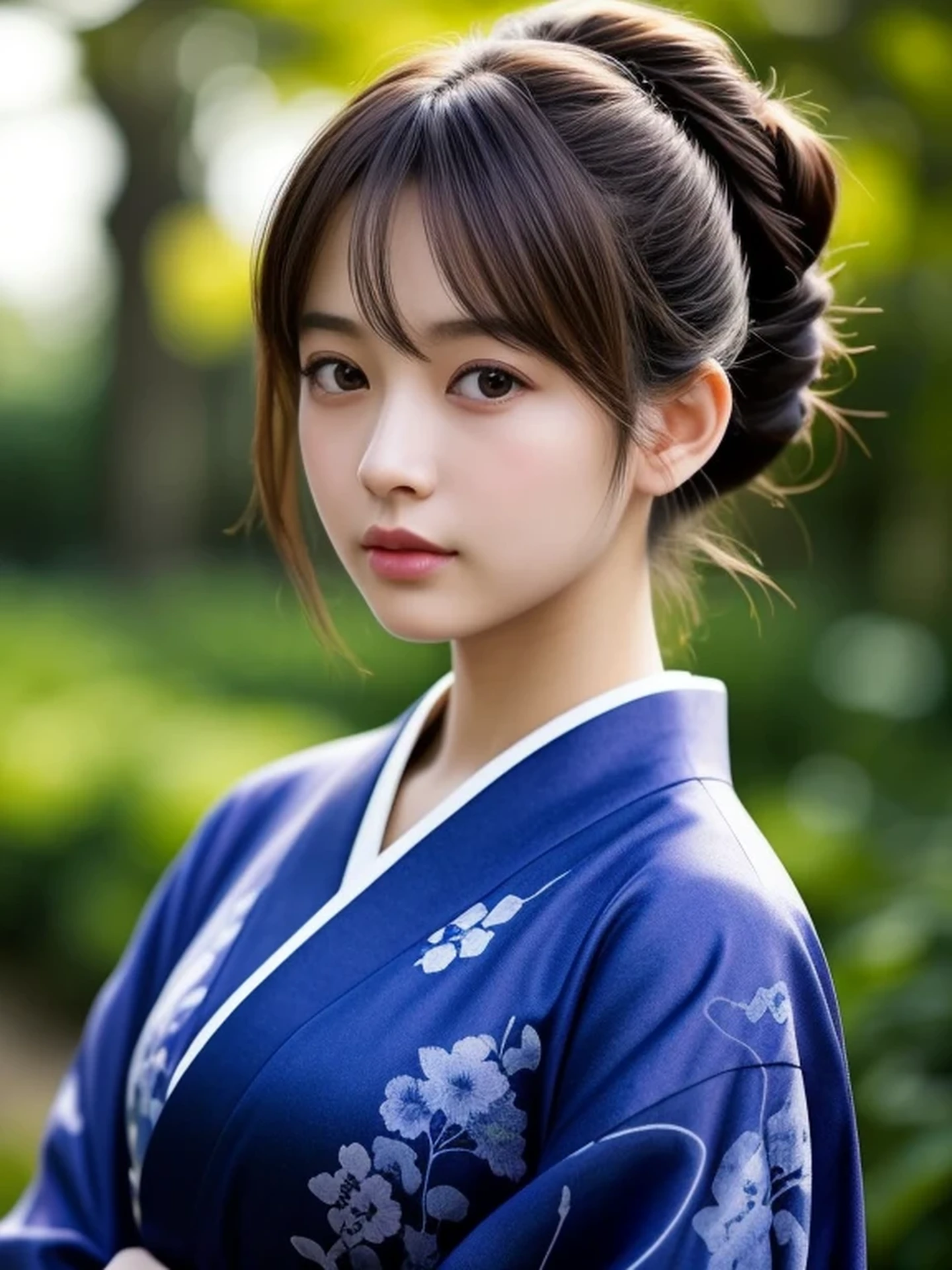 1 Japanese girl, (looking away:1.4), (upper body shot:1.2), Beautifully detailed eyeballs, catchlight in the eyes, Realistic digital painting of a woman portrait, Shy,  Cute,  open mouth to say something, sad, brown eyes,  (half updo,:1.1), (light brown brunette hair:1.3), (Highly detailed skin:1.2), Mystical style, Global Illumination, Traditional Japanese　floral printed Kimono, A silk kimono with a deep indigo base.
