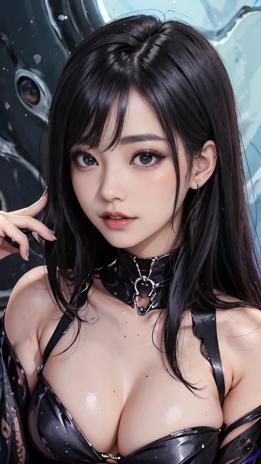 1980 年代の女性Black womenアフリカのブードゥー教ゾンビヘビーメタルバンド ..., art gelm,  アンデッドのSensualアフリカの女性パンクロックスター , Adult female (Black women, Black women, Black Africans, Dark Skin:1.1), Full body image, Portraiture, Beautiful Face, photograph, photographshoot, Curly Afro Hair, Golden Tattoos, lipstick, eyeliner, eye shadow, Beautiful Eyes,Turchin,Gustav Klimt, Very detailed, airbrush, Fascinating deep multi-colour,16K resolution, humidity, Complex, colorful,Prudent, mysterious,3D Rendering,Symmetrical face,Sensual, Iridescent, Shiny, Fantasy, guitar, Provocative, Rotten Flesh and Stitches, Monstrous, Horror, Scared, 気味のevilい, 吸Blood鬼,  Blood,  Elvira  of the Dark,  large ,  Oily skin , Graves,  Blood,  Spread your legs、Noir painting of a beautiful young witch,dark purple lips, evil, evil女, smile, Black Prom Dress, She is coming to you, close, Bright Blue Eyes, Surrounded by swirling pink smoke, Genuine, High detail, Highest quality、Esoteric arachnids lady, Spider Queen Elise, League of Legends, Esoteric arachnids, Combat Stance, ( The body is made with liquid metallic paints in metallic mauve and metallic black........、It beautifully depicts the female form........。), length, Sharp Fangs, nature, ((前景のComplexメタリックカラー)),  (( Fluid Mechanics, The most beautiful smooth scale face makeup, Smirking expression)) - 黒ずんだBlood, Onyxia、