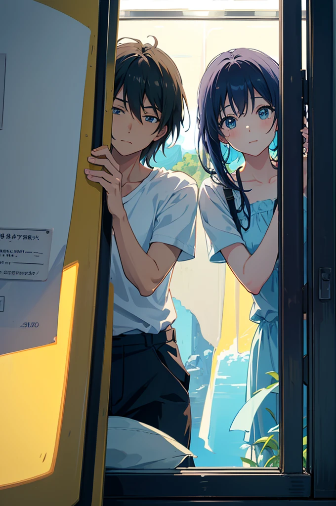 Create an anime-style image depicting a couple, a man and a woman, on a journey, gazing out of a train window on a summer day. The scene should be realistic, with sunlight casting a warm glow inside the train. Outside the window, show a vibrant summer landscape with lush green fields, distant mountains, and a clear blue sky. The couple should appear relaxed and content, conveying a sense of adventure and peaceful enjoyment, capturing the serene and reflective mood of their summer journey together.