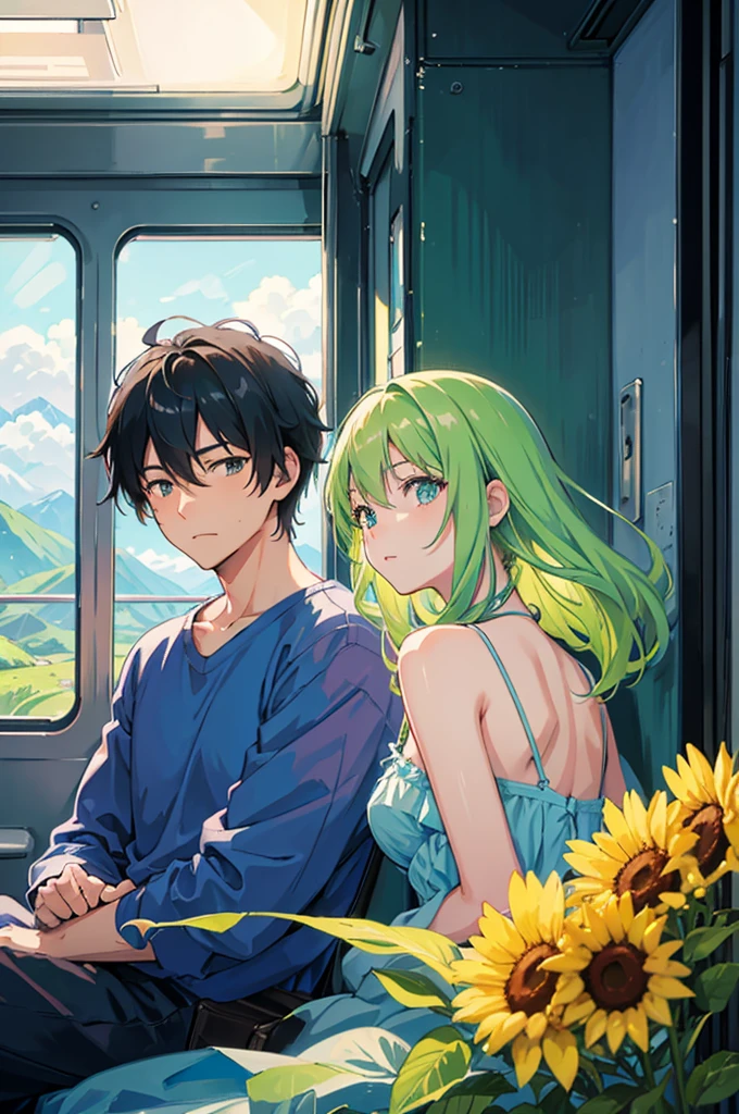 Create an anime-style image depicting a couple, a man and a woman, on a journey, gazing out of a train window on a summer day. The scene should be realistic, with sunlight casting a warm glow inside the train. Outside the window, show a vibrant summer landscape with lush green fields, distant mountains, and a clear blue sky. The couple should appear relaxed and content, conveying a sense of adventure and peaceful enjoyment, capturing the serene and reflective mood of their summer journey together.