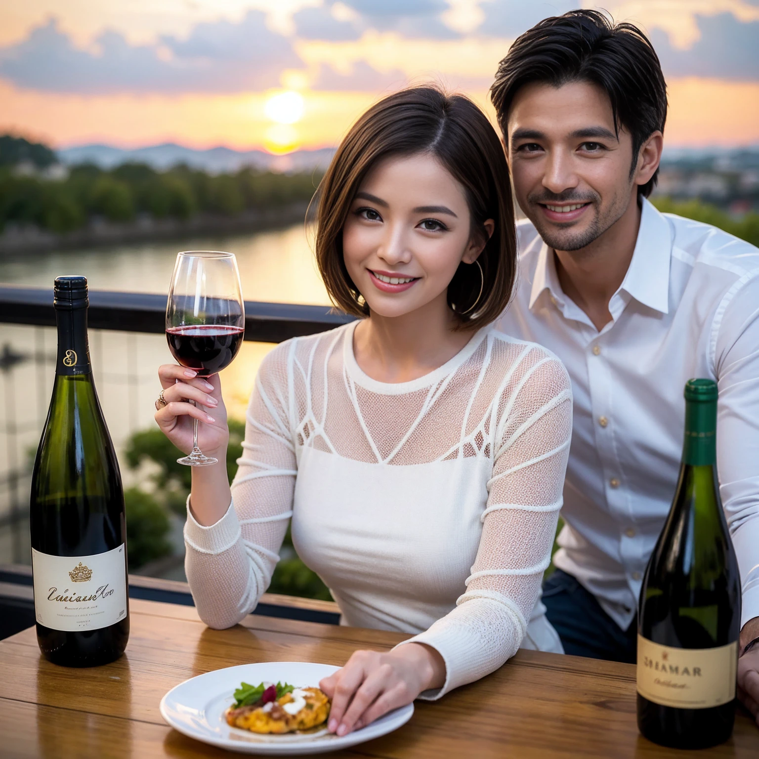 ((Highest quality、8K、masterpiece:1.3))、 (Ultra-realistic、 Genuine、Bright image、Intricate details:1.2), 最高のsmile、1 male、1 female、Beautiful couple、love love love、spouse、spouse、Good friends、actress couple、smile、Full-course dinner at a packed table、 (Slim face), (the body is slim), (Brown Hair), (short hair), テーブルのwine glass、Please shine a light on my face、 Amazing view of the sunset sky and clouds、36 years old、39 years old, red wine 、Appetizers、Wine bottle、sparkling wine、Long sleeve shirt、dress、White wine, red wine, wine glass,