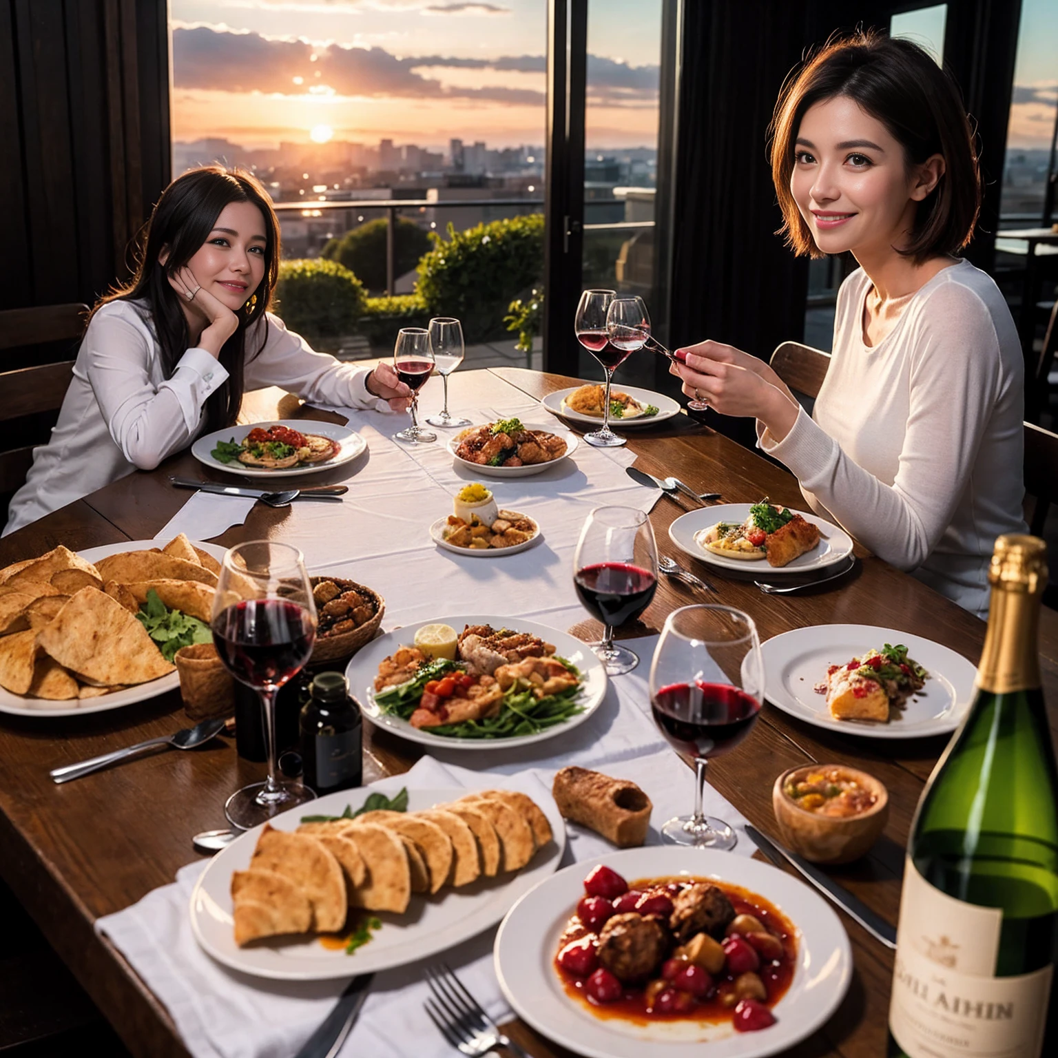 ((Highest quality、8K、masterpiece:1.3))、 (Ultra-realistic、 Genuine、Bright image、Intricate details:1.2), 最高のsmile、1 male、1 female、Beautiful couple、love love love、spouse、spouse、Good friends、actress couple、smile、Full-course dinner at a packed table、 (Slim face), (the body is slim), (Brown Hair), (short hair), テーブルのwine glass、Please shine a light on my face、 Amazing view of the sunset sky and clouds、36 years old、39 years old, red wine 、Appetizers、Wine bottle、sparkling wine、Long sleeve shirt、dress、White wine, red wine, wine glass,