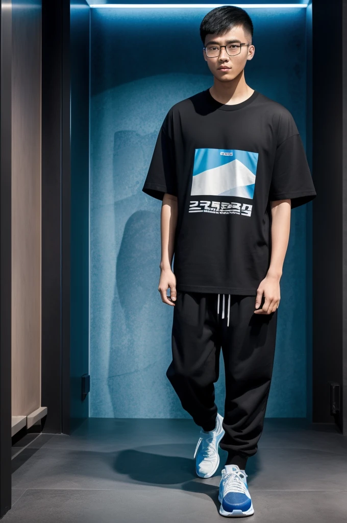 21 year old Beijing boy, he is wearing a oversize xxl blue plain t-shirt, he is wearing black trousers, he is wearing sneakers, he is wearing glasses, city, full body,  he is buzz cut Hair, foot, walking, fitness center 