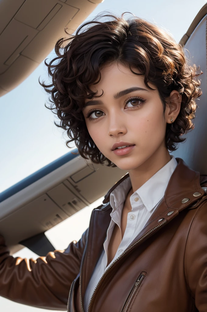 brown plane pilot, short curly hair, brown and expressive eyes