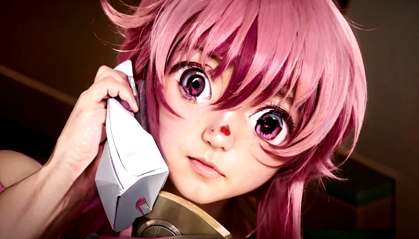 Anime girl with pink hair talking on cell phone., Mirai Nikki, anime movie screenshot, guro anime screenshot, doki doki literature club, Frame from the anime de televisión, screenshot from a 2012 anime, Frame from the anime, visual anime of a cute girl, closeup of a young anime girl, Today&#39;s featured anime still.