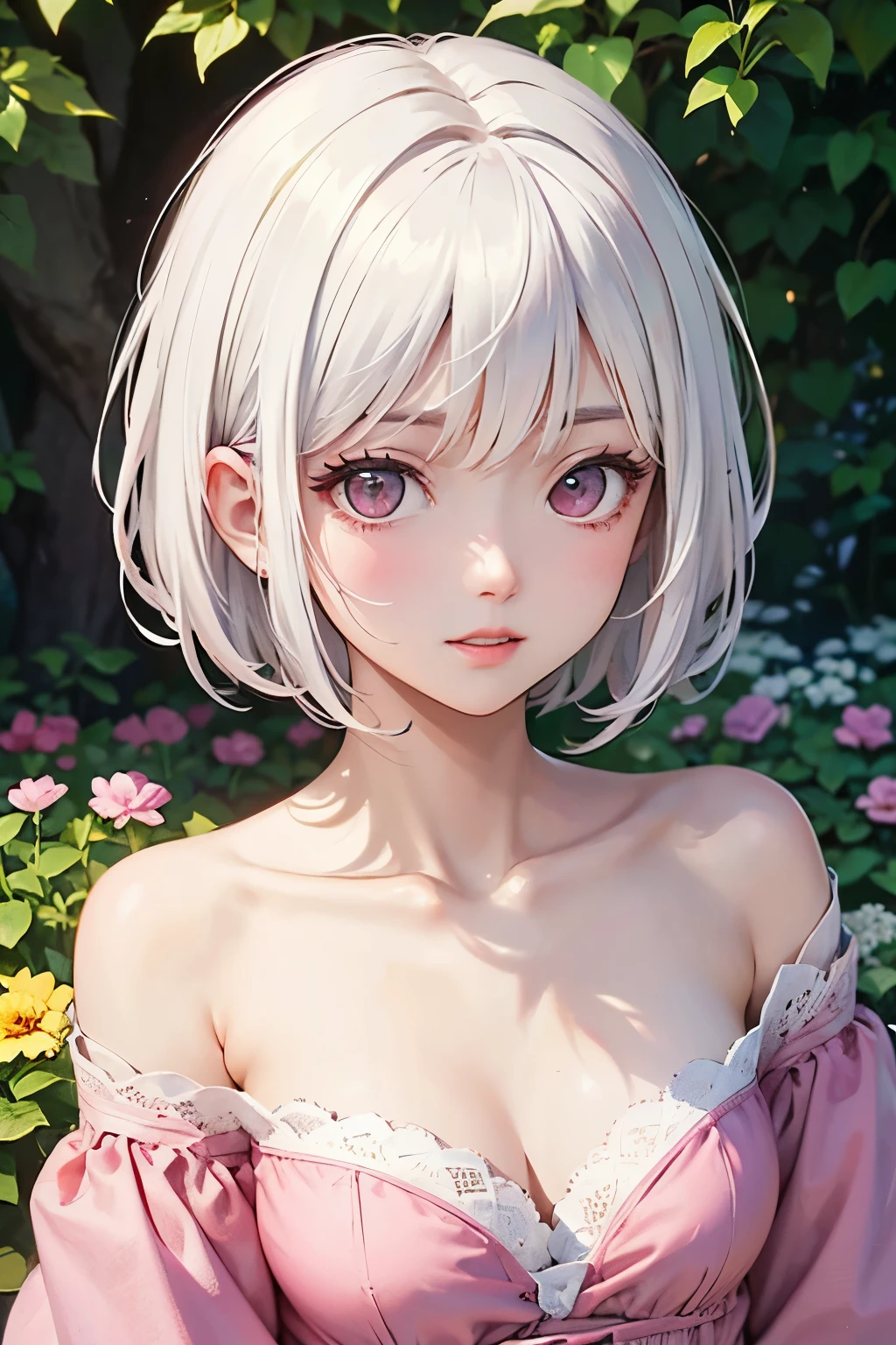 ((best quality)), ((masterpiece)), (detailed), perfect face. Asian girl. White hair. Short hair. Pink eyes. Off shoulder. Garden.