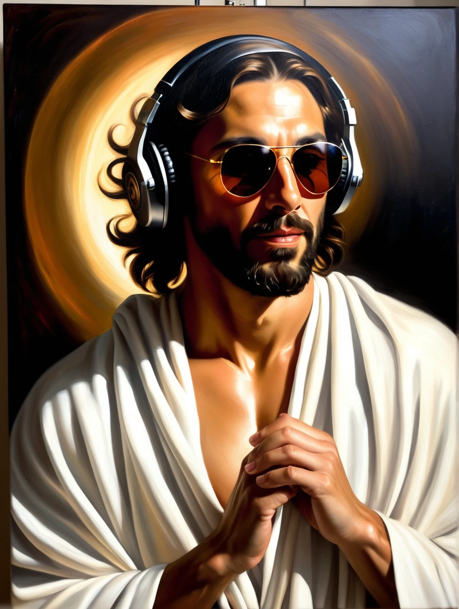 Intimate (oil painting:1.2), inspired by Caravaggio and El Greco BREAK (Jesus Christ as a DJ:1.3), grin, sunglasses, (robe:1.2), , confidence, (Soft glow:1.2) BREAK (Ethereal presence:1.2),(Subtle radiance:1.2),(Seraphic companions:1.3) BREAK Muted surroundings, Sacred atmosphere, Executed with masterful strokes, Rich chiaroscuro, Evocative emotion