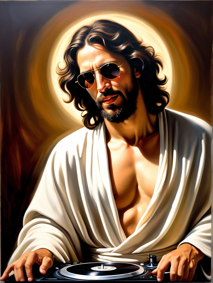 Intimate (oil painting:1.2), inspired by Caravaggio and El Greco BREAK (Jesus Christ as a DJ:1.3), grin, sunglasses, (robe:1.2), , confidence, (Soft glow:1.2) BREAK (Ethereal presence:1.2),(Subtle radiance:1.2),(Seraphic companions:1.3) BREAK Muted surroundings, Sacred atmosphere, Executed with masterful strokes, Rich chiaroscuro, Evocative emotion
