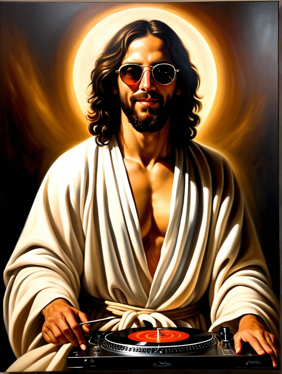 Intimate (oil painting:1.2), inspired by Caravaggio and El Greco BREAK (Jesus Christ as a DJ:1.3), grin, sunglasses, (robe:1.2), , confidence, (Soft glow:1.2) BREAK (Ethereal presence:1.2),(Subtle radiance:1.2),(Seraphic companions:1.3) BREAK Muted surroundings, Sacred atmosphere, Executed with masterful strokes, Rich chiaroscuro, Evocative emotion