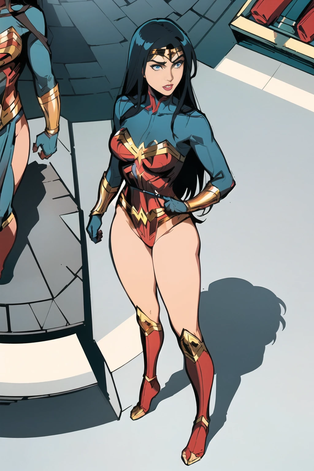 ((Full body photo, standing, feet on the ground)) wonder woman, 1girl, female focus, solo, black hair, blue eyes, superhero, gloves, makeup, lipstick, bodysuit, breasts, medium breasts, leotard, monitor, ((work of art))
