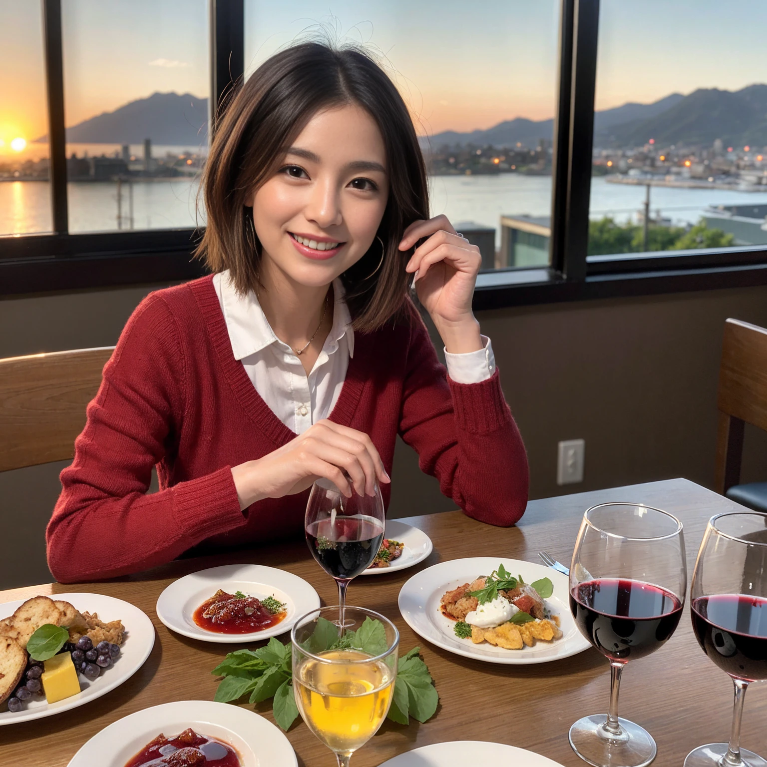 ((Highest quality、8K、masterpiece:1.3))、 (Ultra-realistic、 Genuine、Bright image、Intricate details:1.2), 最高のsmile、1 male 1 female、Wine Party、Beautiful couple、Love Love Love、Tokyo Lovers、Beautiful friends、actress couple、smile、Full-course dinner at a packed table、 (Slim face), (the body is slim), (Brown Hair), (short hair), テーブルのwine glass、Please shine a light on my face、 Amazing view of the sunset sky and clouds、42 years old 39 years old, red wine 、Appetizers、Wine bottle、sparkling wine、Long sleeve shirt、dress、White wine, red wine, wine glass, 