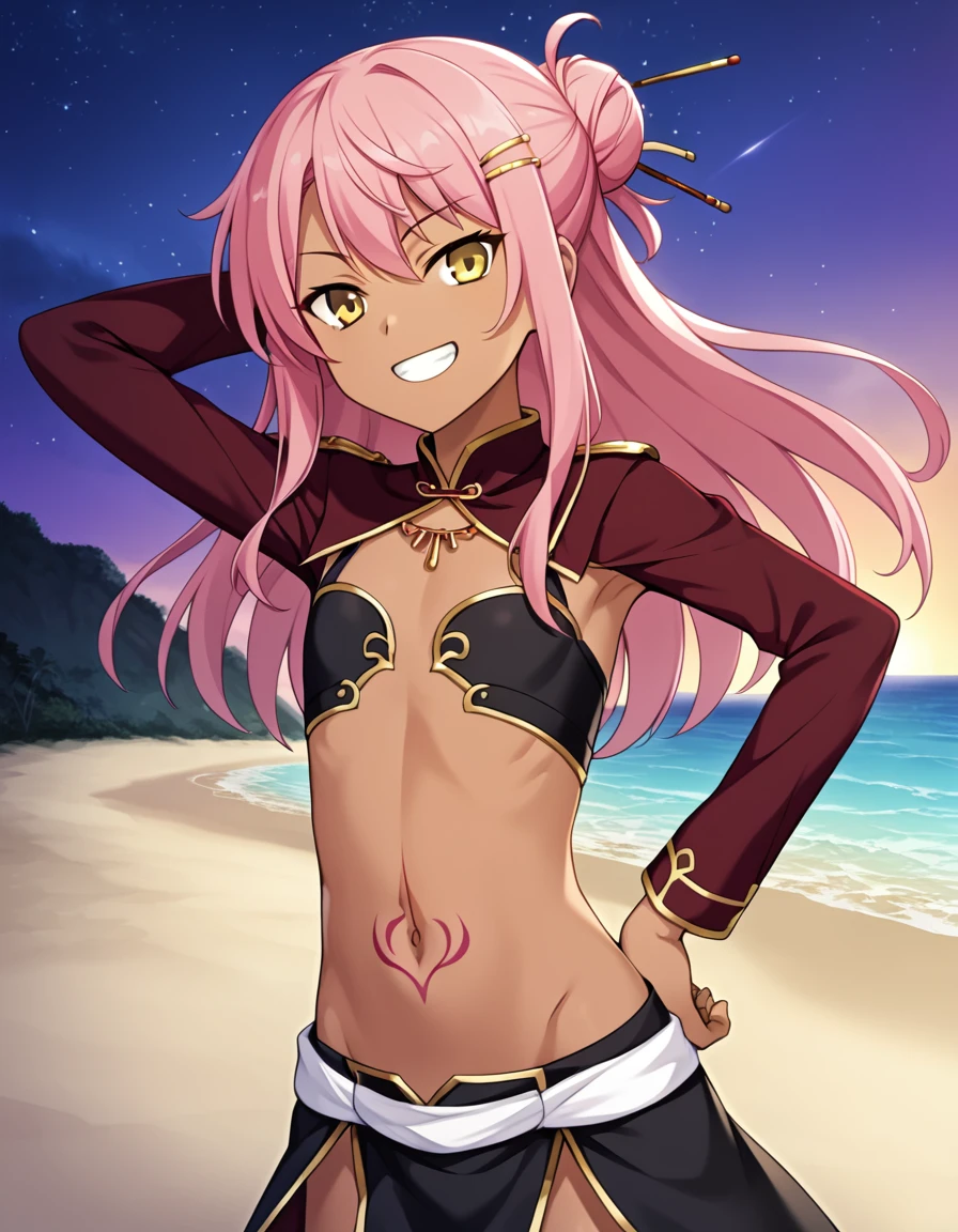 chloebase, pink hair, long hair, hair bun, hairpin, yellow eyes, dark skin, dark-skinned female, long sleeves, stomach tattoo, midriff, waist cape, 1girl, solo, younger, flat chest,
high quality, solo, night sky, beach, arm behind head, hand on hip, contrapposto, closed mouth, spread armpits, (cowboy shot:1.5), looking at viewer, grin, best quality, game cg, anime screencap, official art, masterpiece, best quality
