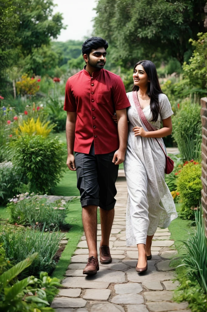 A 25 years old indian man walking in a garden, his girlfriend is seting on a stone