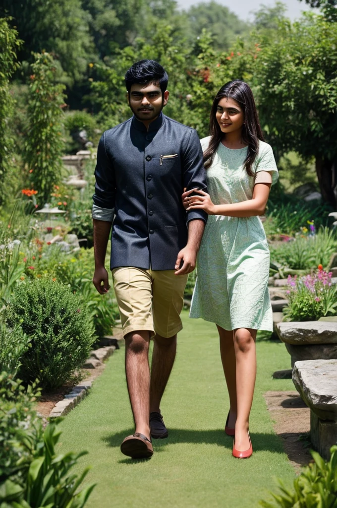 A 25 years old indian man walking in a garden, his girlfriend is seting on a stone