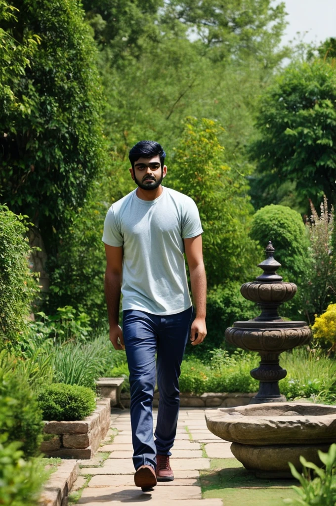 A 25 years old indian man walking in a garden, his girlfriend is seting on a stone