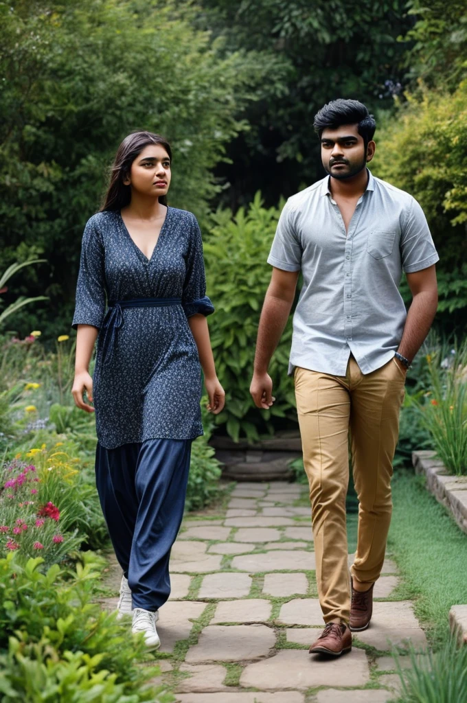 A 25 years old indian man walking in a garden, his girlfriend is seting on a stone
