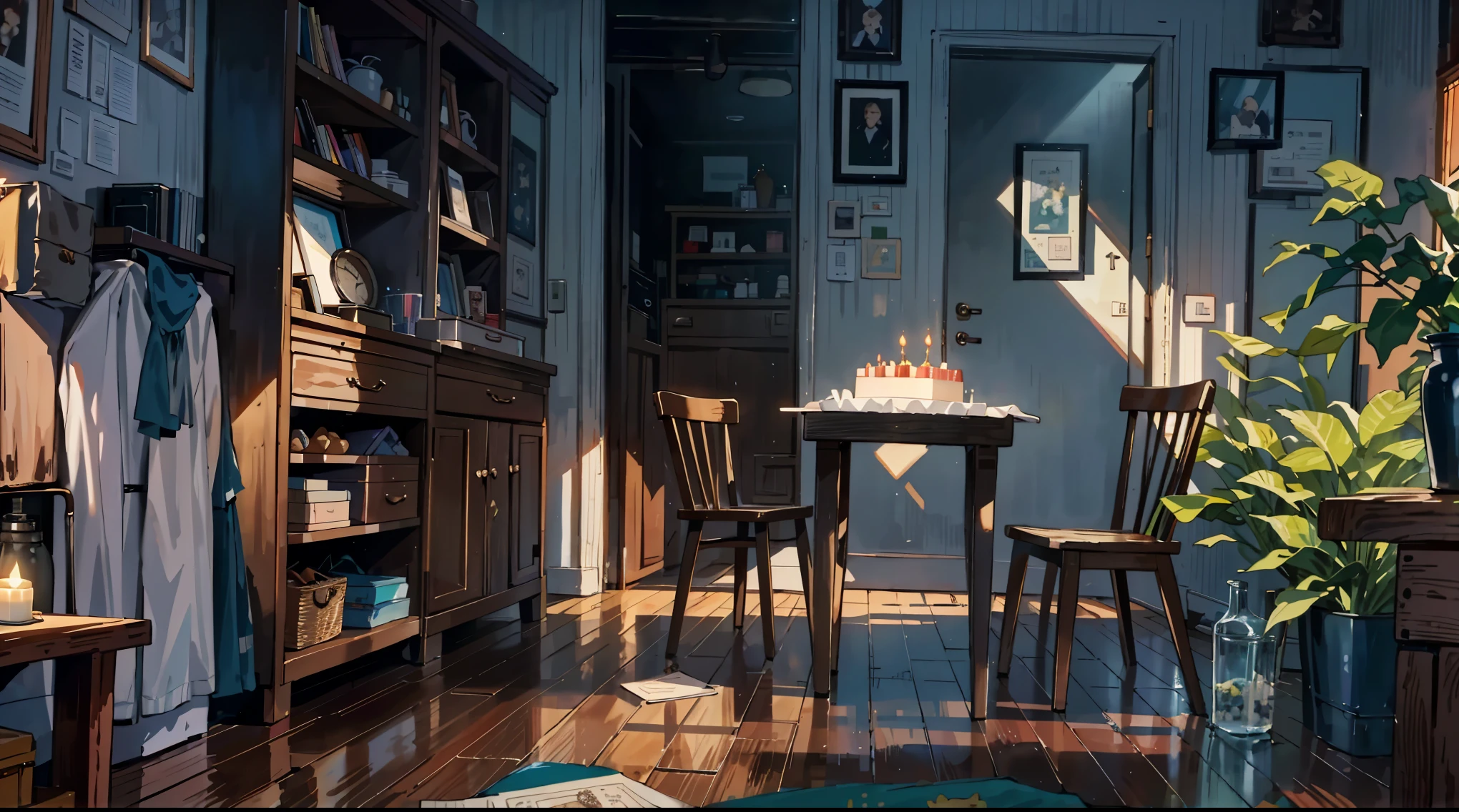 （best quality，masterpiece：1.2，detailed details，4k），A dim old apartment, a small birthday cake on an old wooden table, a modern apartment, an alarm clock on the wall, an anime scene,the wooden floor, 