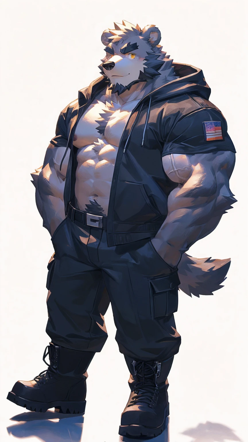 (masterpiece:1.2), best quality,pixiv,official art,perfect anatomy, (Ray tracing, light),solo, (1_male:1.3) , (muscle), (grey fur:1.4), (muscle bear), (beard:1.2), (gleaming golden eyes), bear tail, Thick eyebrows, open hoodie, (naked inside:1.2), cargo pants, (boots:1.2), (pure white background: 1.3)