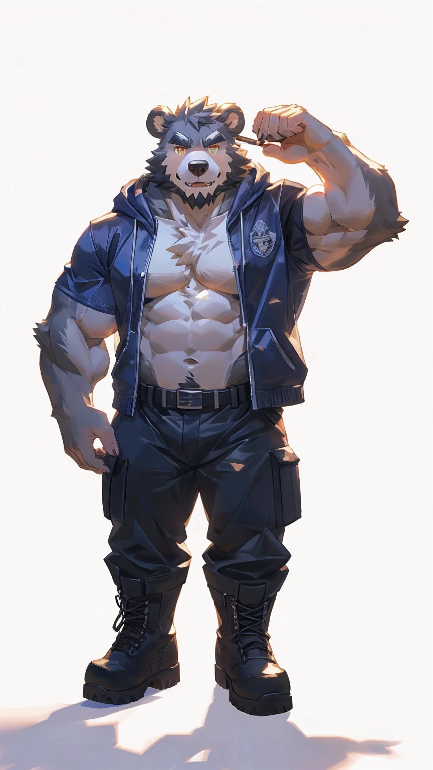 (masterpiece:1.2), best quality,pixiv,official art,perfect anatomy, (Ray tracing, light),solo, (1_male:1.3) , (muscle), (grey fur:1.4), (muscle bear), (beard:1.2), (gleaming golden eyes), bear tail, Thick eyebrows, open hoodie, (naked inside:1.2), cargo pants, (boots:1.2), (pure white background: 1.3)