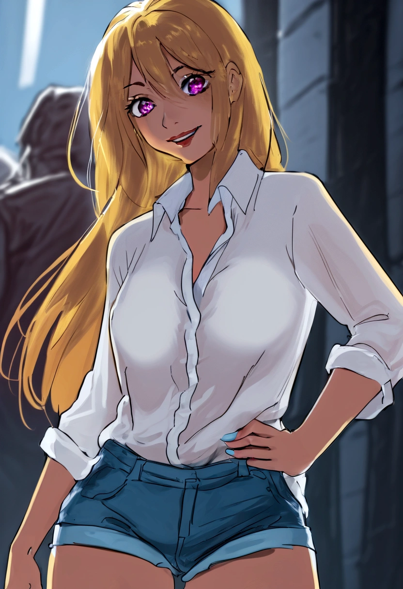 1 girl in town , with short shorts and long blouse, with a sexy look, and sensual smile