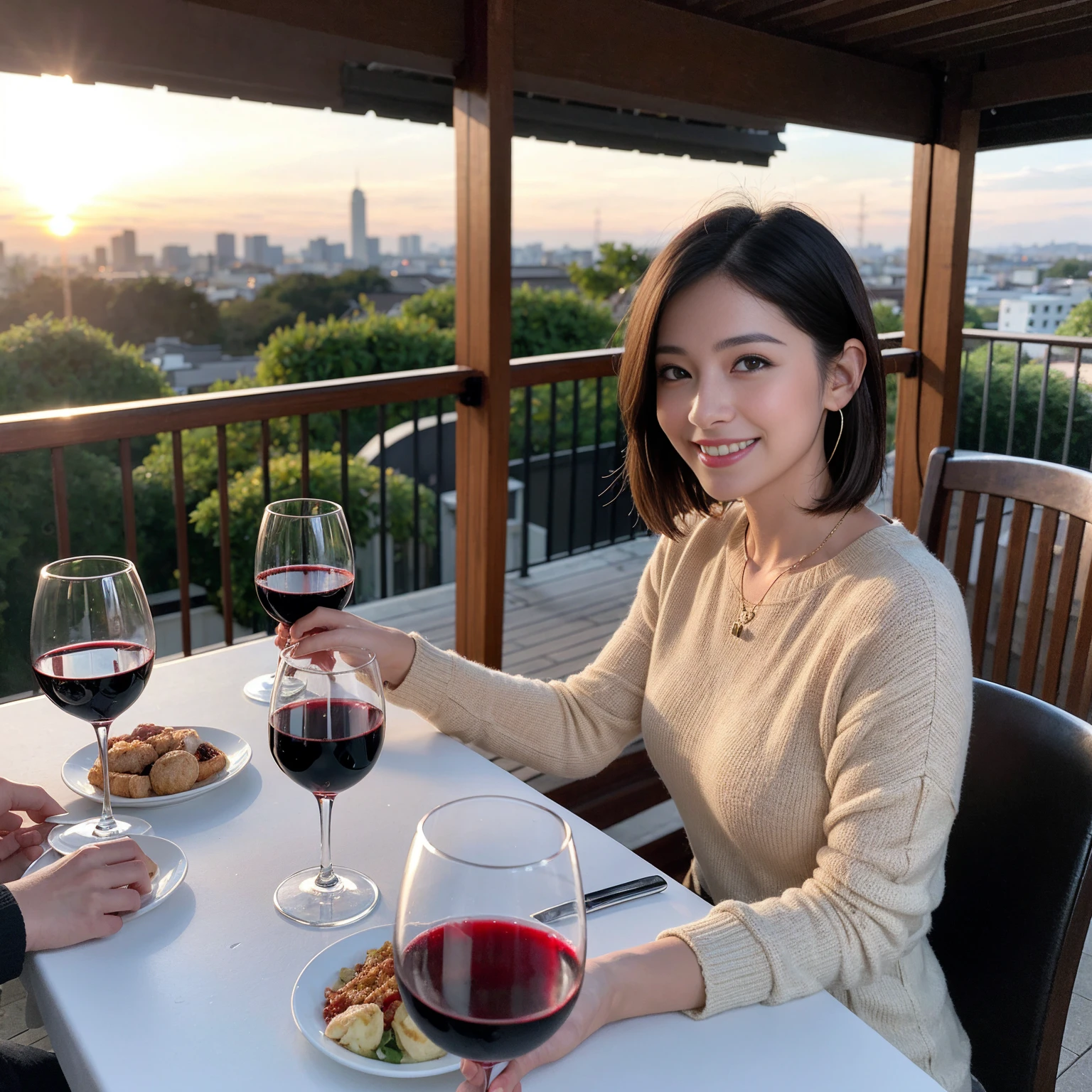 ((Highest quality、8K、masterpiece:1.3))、 (Ultra-realistic、 Genuine、Bright image、Intricate details:1.2), 最高のsmile、1 male 1 female、Wine Party、Beautiful couple、Love Love Love、Tokyo Lovers、Beautiful friends、actress couple、smile、Full-course dinner at a packed table、 (Slim face), (the body is slim), (Brown Hair), (short hair), テーブルのwine glass、Please shine a light on my face、 Amazing view of the sunset sky and clouds、 years old 39 years old, red wine 、Appetizers、Wine bottle、sparkling wine、Long sleeve shirt、dress、White wine, red wine, wine glass,