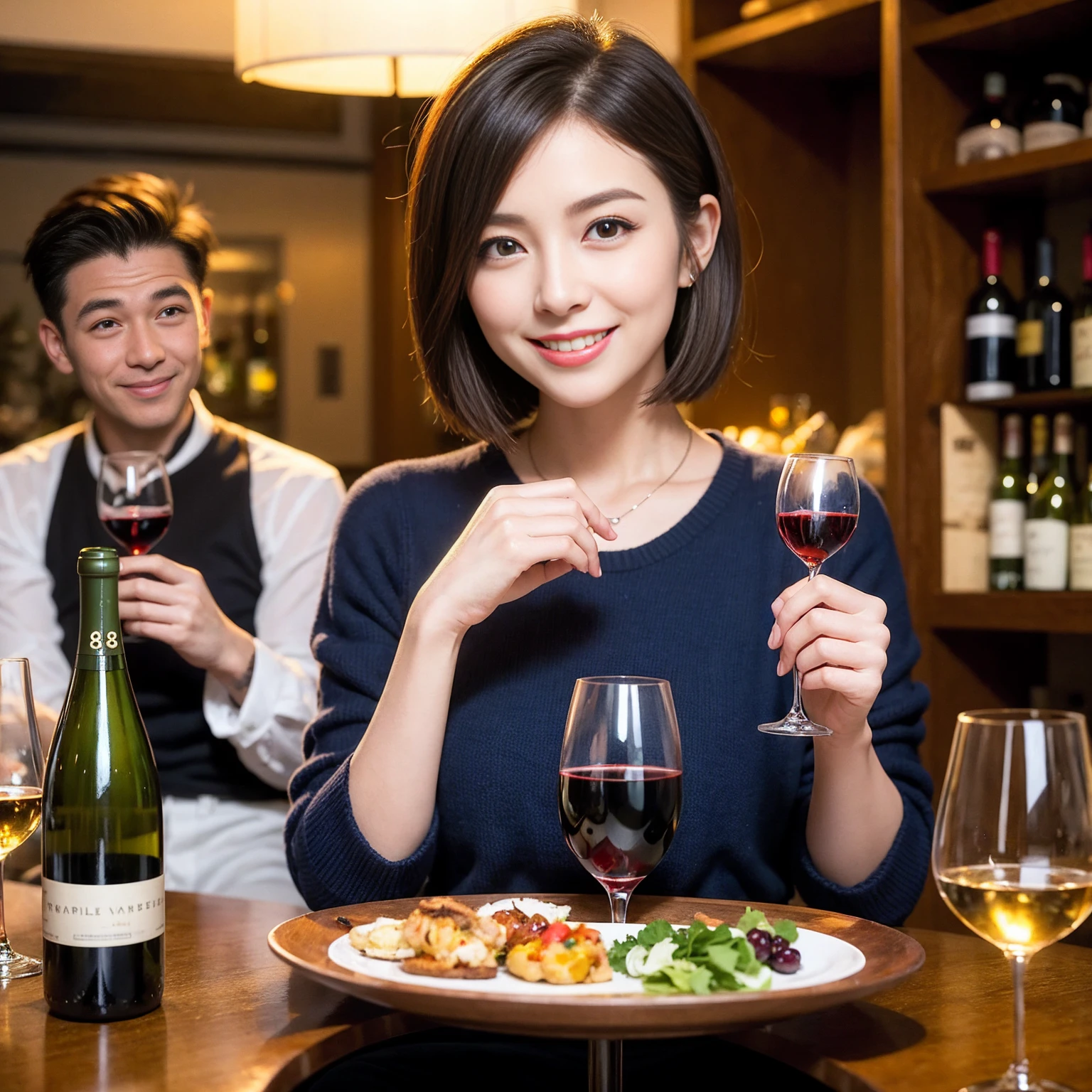 ((Highest quality、8K、masterpiece:1.3))、 (Ultra-realistic、 Genuine、Bright image、Intricate details:1.2), 最高のsmile、1 male 1 female、Wine Party、Beautiful couple、Love Love Love、Tokyo Lovers、Beautiful friends、actress couple、smile、Full-course dinner at a packed table、 (Slim face), (the body is slim), (Brown Hair), (short hair), テーブルのwine glass、Please shine a light on my face、 Amazing view of the sunset sky and clouds、 years old 39 years old, red wine 、Appetizers、Wine bottle、sparkling wine、Long sleeve shirt、dress、White wine, red wine, wine glass, 
