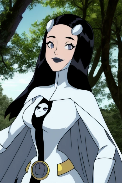 Phantom girl, solo, girl1, long black hair, bodysuit, grey eyes, smile, grey lips, white cape, best quality, masterpiece, forest