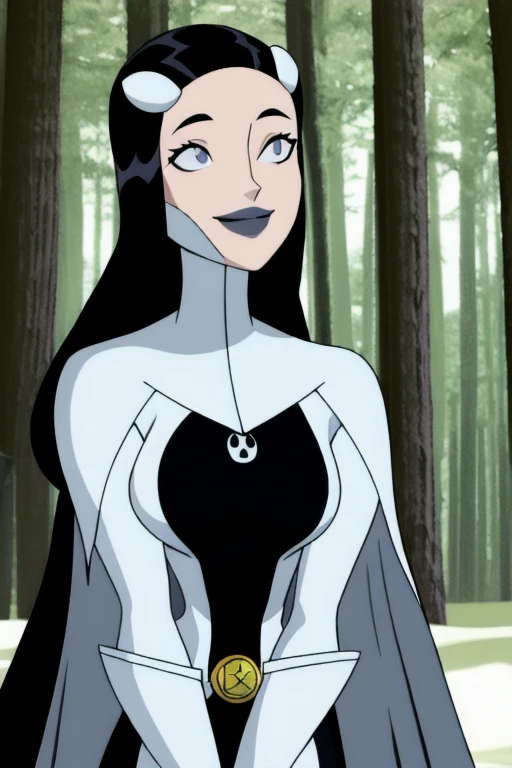 Phantom girl, solo, girl1, long black hair, bodysuit, grey eyes, smile, grey lips, white cape, best quality, masterpiece, forest 