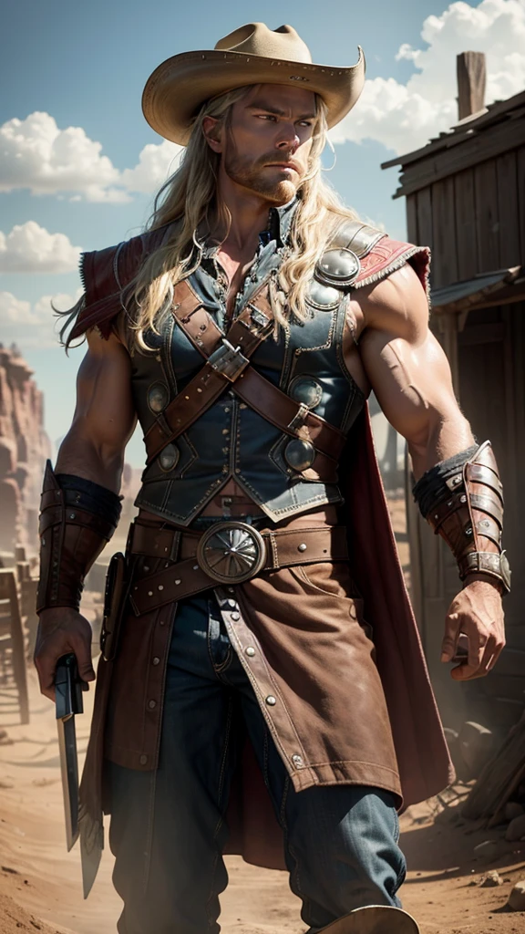Thor in Wild West style, wearing Cowboys lather clothes,holding a Mjölnir, Cowboys hat and bring a pistol, in cowboy city, cinematic, extreem realistic, extreem detailed, extreem Sharp, super high resolution image, best quality photo,