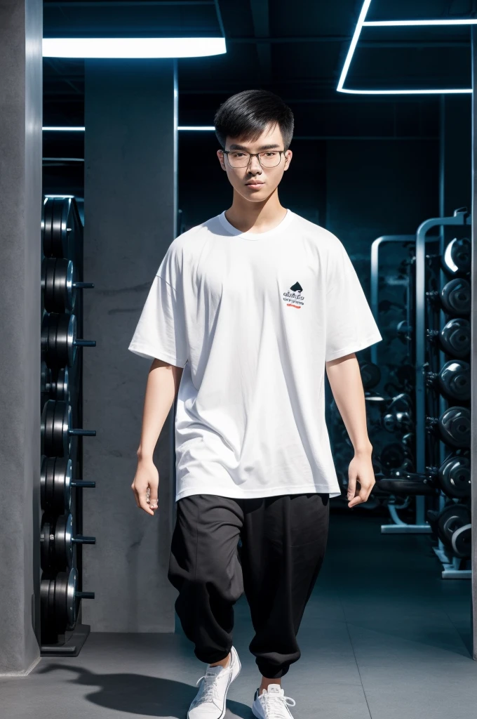 21 year old Beijing boy, he is wearing a oversize xxl white plain t-shirt, he is wearing black trousers, he is wearing sneakers, he is wearing glasses, city, full body,  he is buzz cut Hair, foot, walking, fitness center 